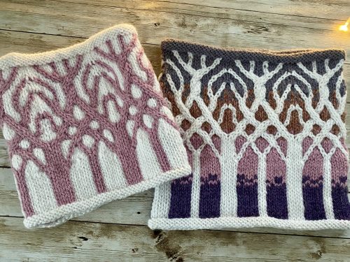 Two Forests of Arda Cowls—one with cherry blossom-inspired trees and another with gradient backgrounds