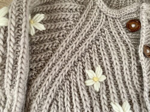 A close-up of the cardigan's front, focusing on the Raglan increases and embroidered daisies and the ribbed knit pattern, with a wooden button visible in the center.