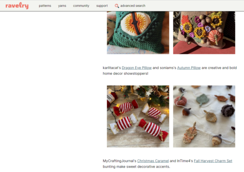 A screenshot of a Ravelry webpage featuring the Christmas Caramels pattern alongside other decorative holiday knitting projects, such as pillows and fall-themed bunting. The Christmas Caramels are displayed in a festive arrangement with holiday greenery and lights.