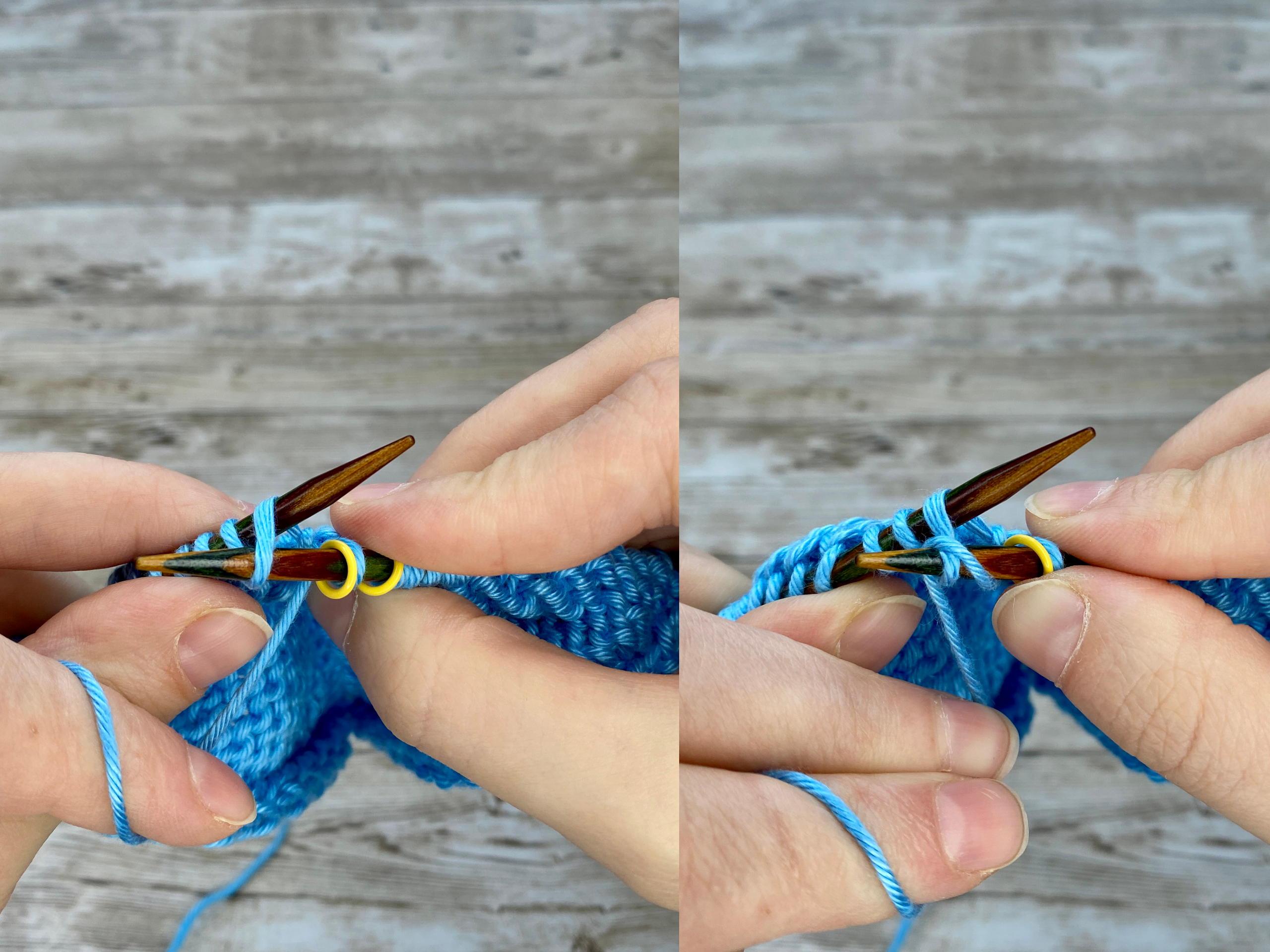 Close-up of hands knitting with blue yarn, demonstrating a 'Make One Right Purl' (M1RP) increase.