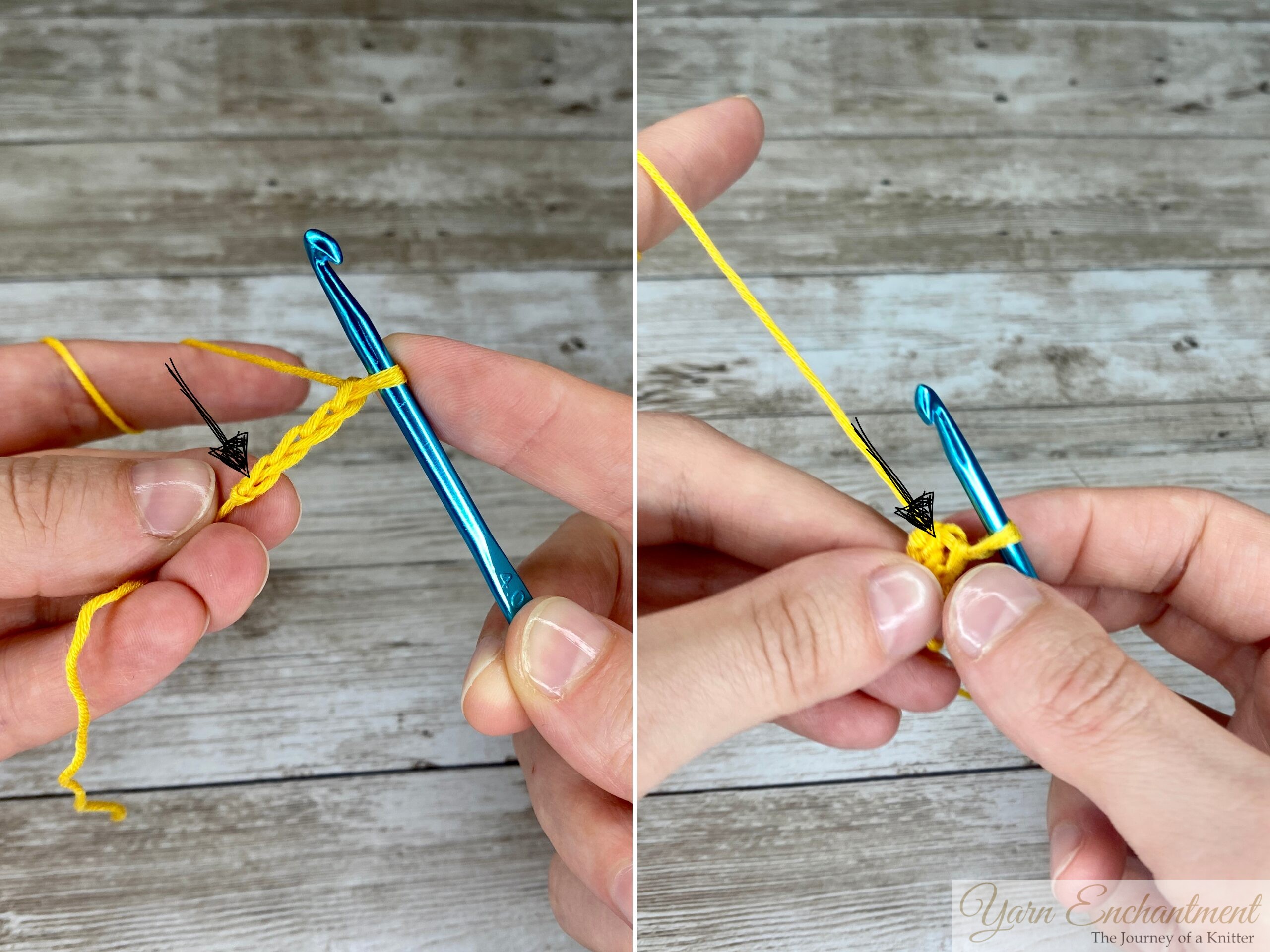 Two-step crochet tutorial: Left side shows a blue crochet hook forming a chain stitch, with a hand pointing to the starting loop. Right side demonstrates inserting the hook into the first stitch to close the ring with a slip stitch.