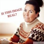 A close-up of an AI-generated person wearing a knitted sweater with an intricate colorwork pattern featuring orange, brown, and cream tones in a Nordic-inspired design. Text on the image reads, 'IS THIS IMAGE REAL?' in bold red letters. The background is softly blurred.