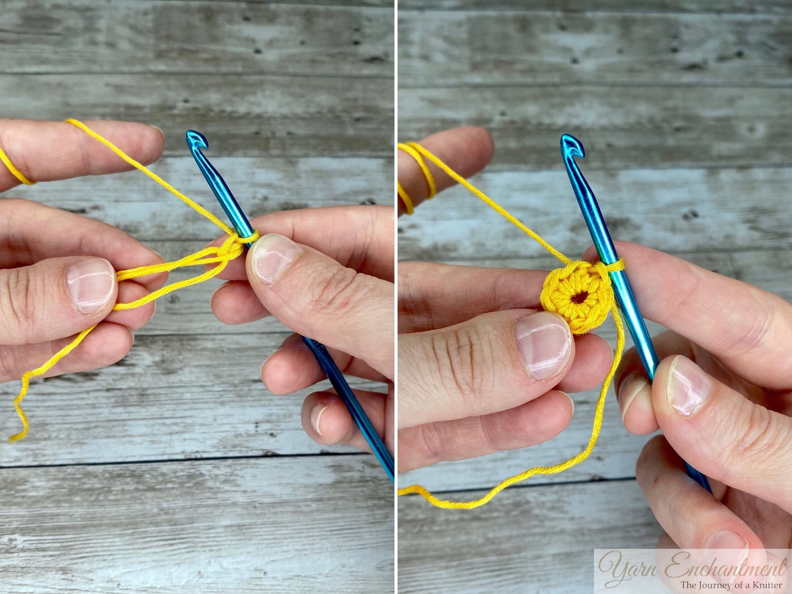 Two-step process of crocheting the center of a 3D flower granny square: the left image shows a close-up of hands forming a crochet loop with bright yellow yarn and a blue crochet hook; the right image displays the completed small yellow circle, the foundation for the flower, with the crochet hook inserted.