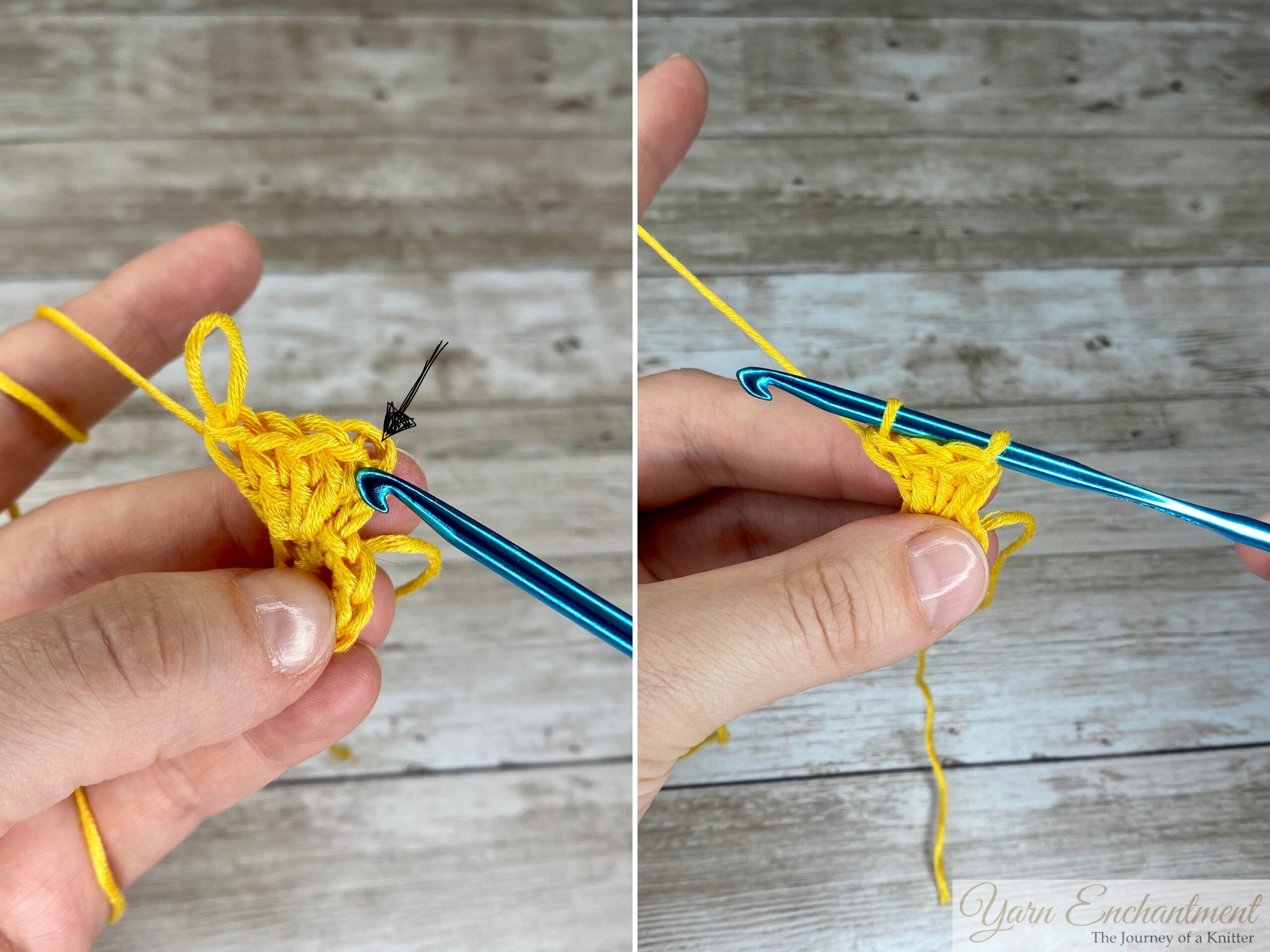 Metal crochet hook reinserted into the top of the initial chain-3, catching the dropped loop to close the popcorn stitch.