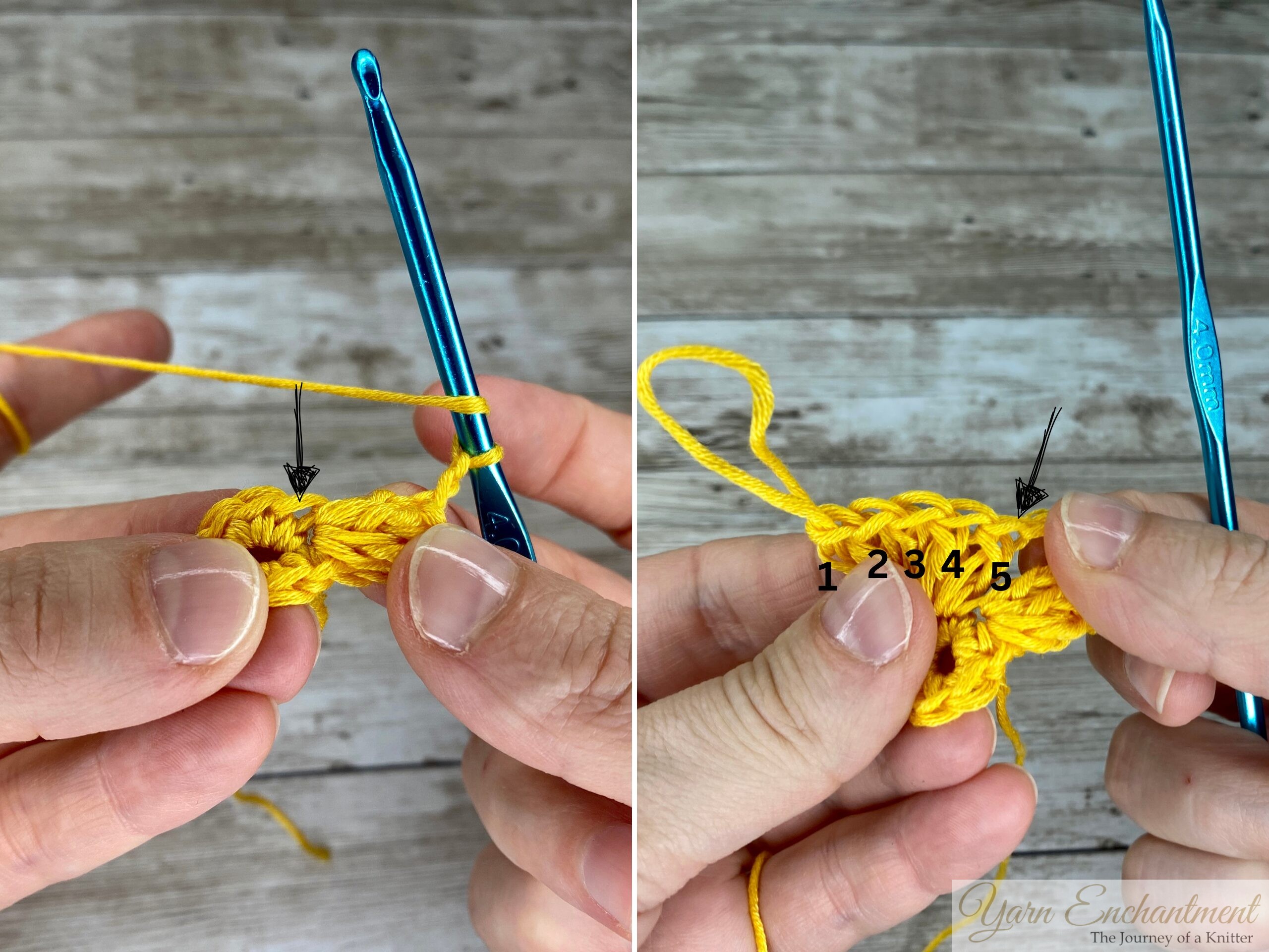 Two-panel crochet tutorial: Left image shows an arrow pointing to the starting stitch. Right image labels five stitches (1-5) with an arrow highlighting stitch 5 for reference.