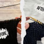 A comparison graphic showing two sides: 'Before' with colorful wooden needles and black yarn under dim lighting