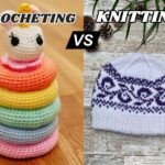 A comparison graphic titled "Crocheting vs Knitting." On the left, a colorful crocheted stacking toy featuring rainbow rings and a unicorn head is displayed on a wooden surface. On the
