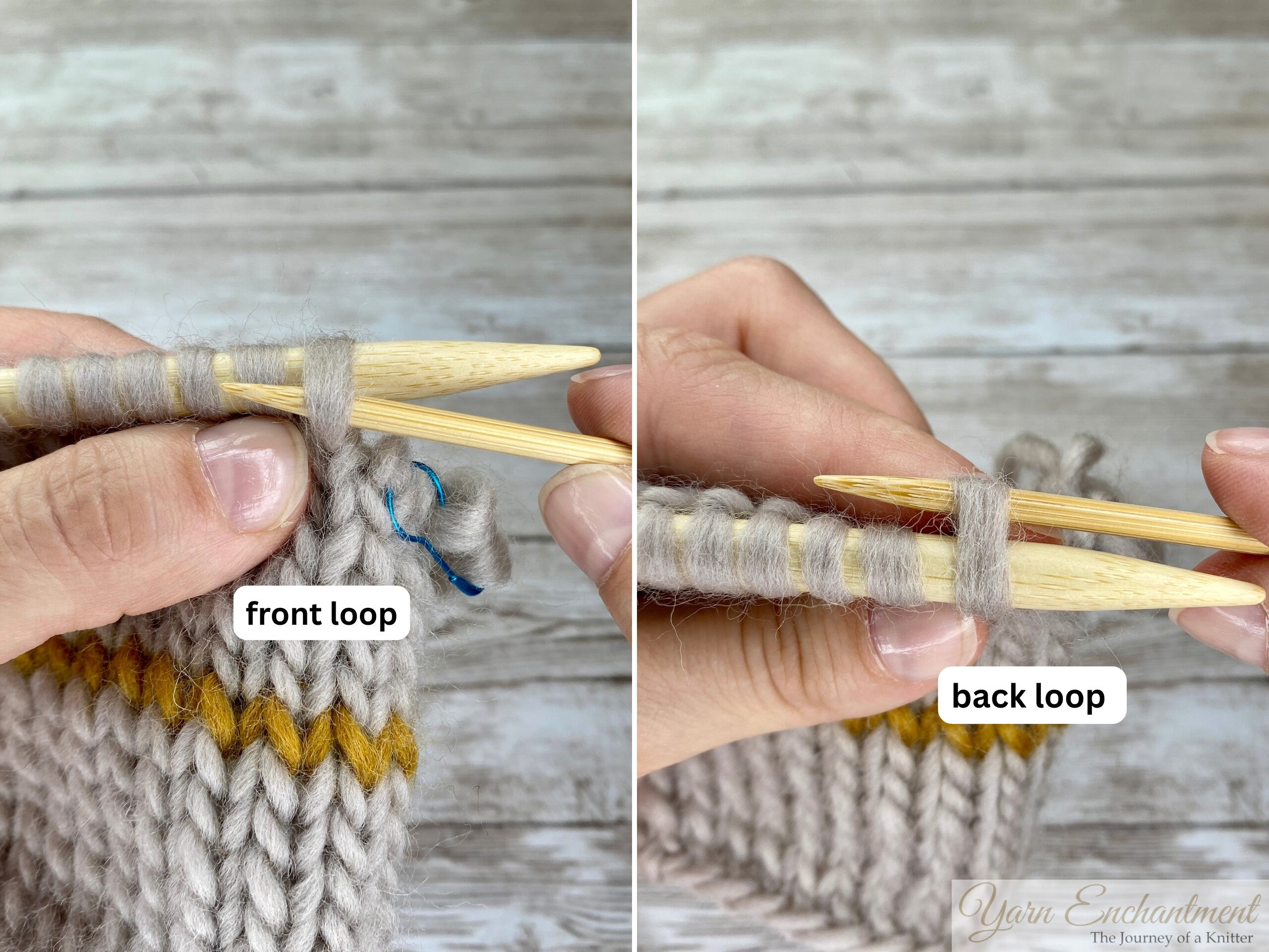 Close-up split image showing two knitting needles and yarn. The left side highlights a stitch being worked through the