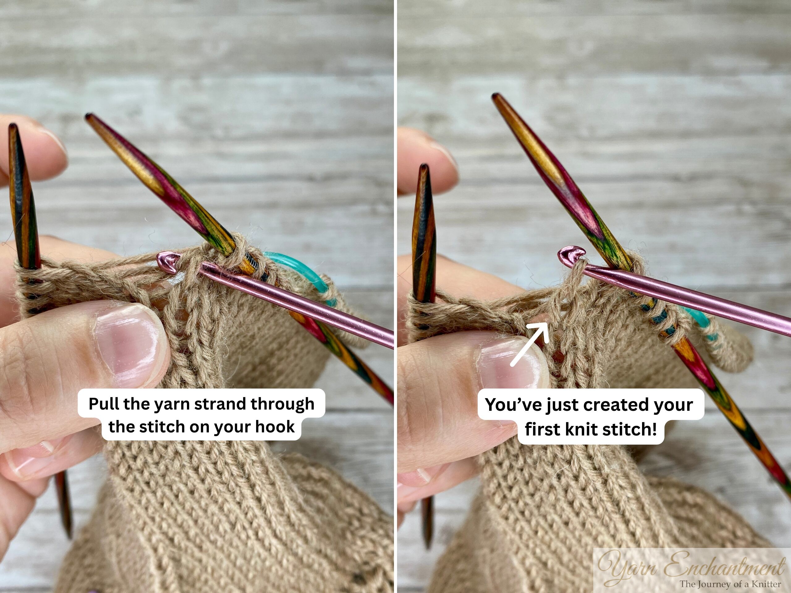 Crochet hook pulling a horizontal ladder strand through a dropped stitch in beige stockinette knitting, showing the creation of a new knit stitch with colorful double-pointed needles holding the work.