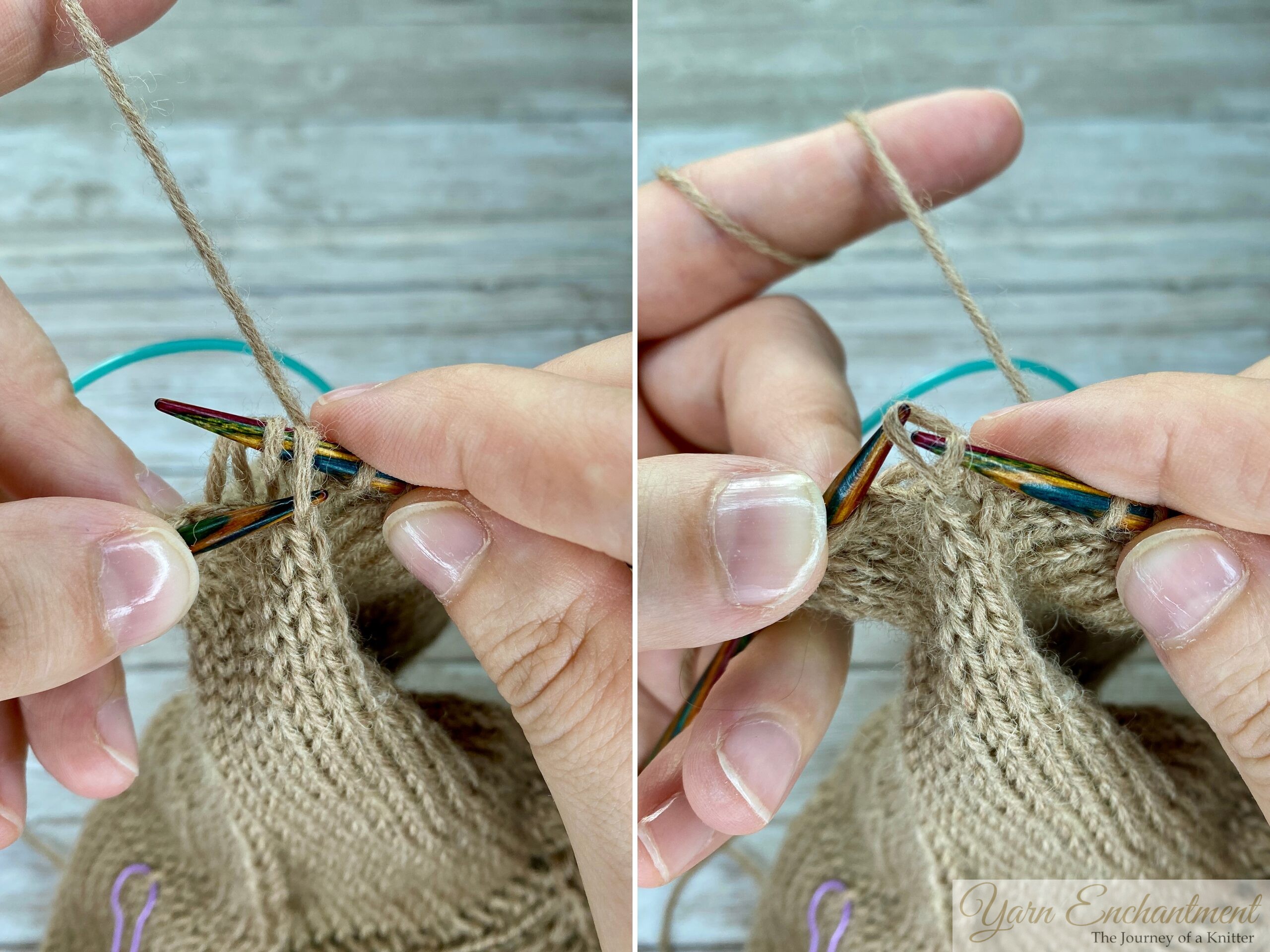 Knitting needles lifting the lowest horizontal ladder strand through the dropped stitch, demonstrating how to create a new knit stitch