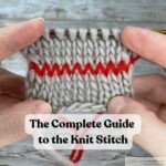 Hands holding a piece of gray knitting on needles, with a row of red contrasting yarn woven horizontally through the stitches, clearly highlighting the “V” shape of knit stitches for instructional purposes.