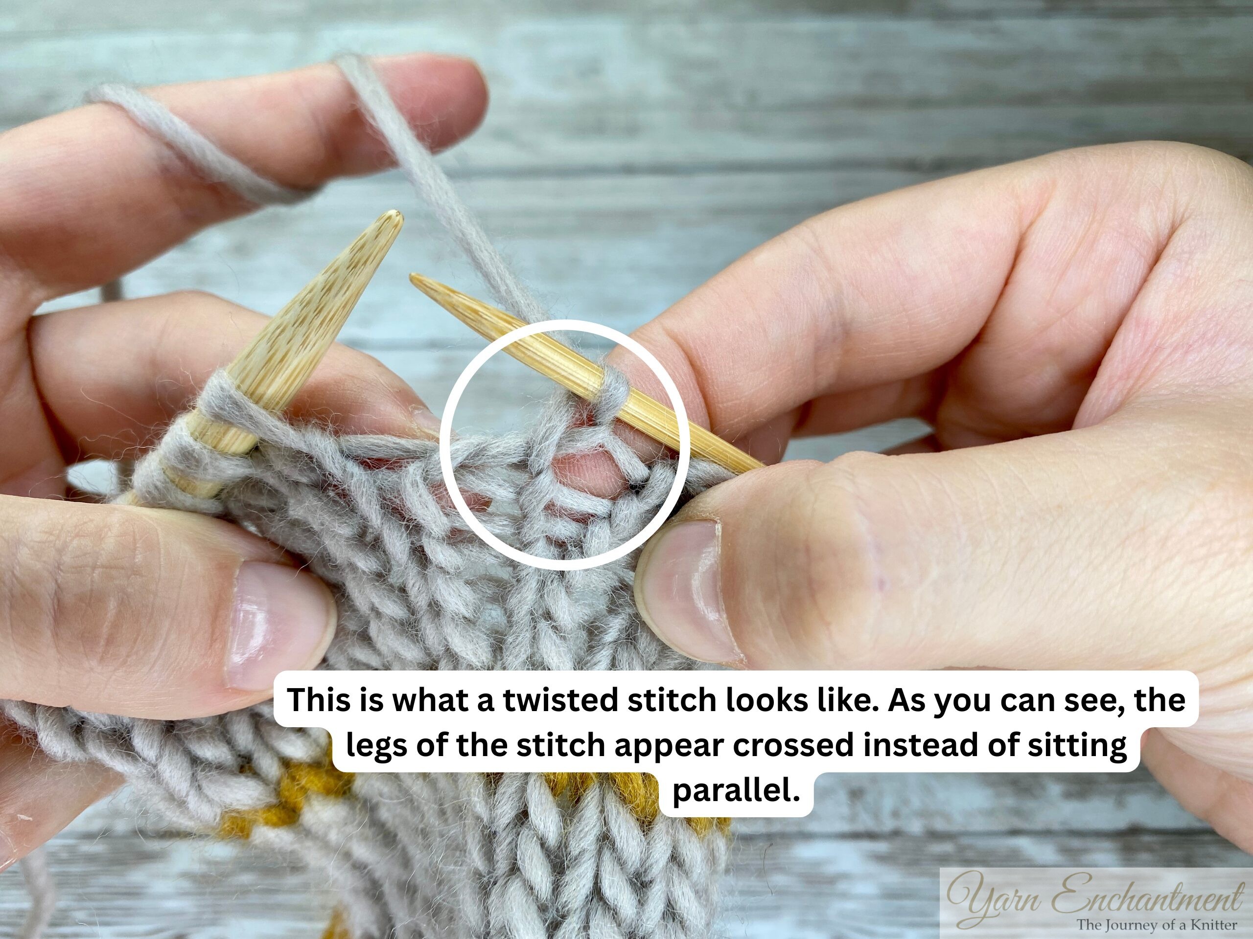 Close-up of hands knitting with light gray yarn, showing bamboo needles and a circled area highlighting a twisted stitch. The twisted stitch’s legs appear crossed instead of parallel. Text overlay reads: