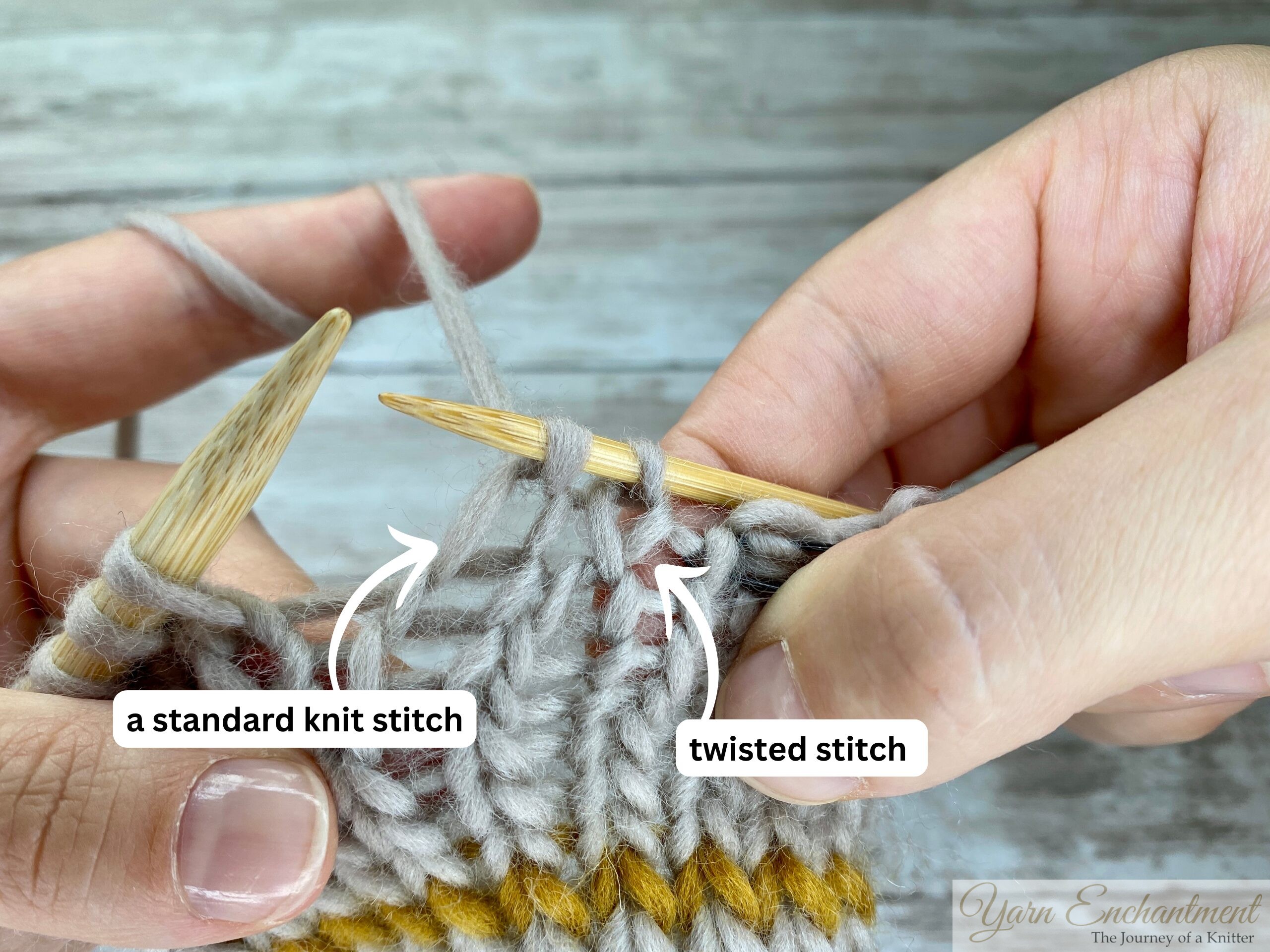 Close-up of hands knitting with light gray yarn on bamboo needles. The image highlights two adjacent stitches: one labeled