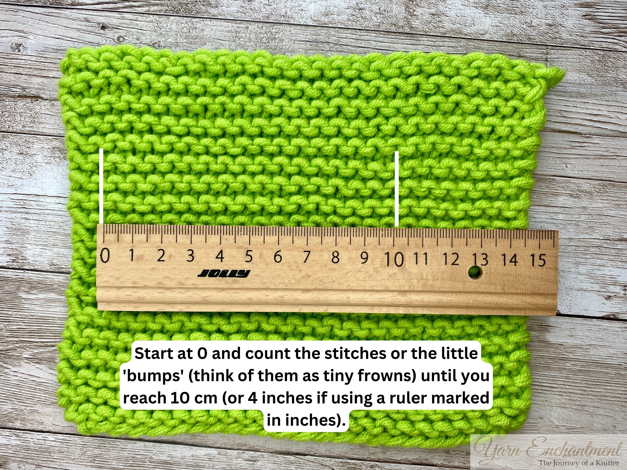 Bright green garter stitch swatch with a wooden ruler measuring 10cm across the stitches, marked for counting gauge, knitting tutorial text included.