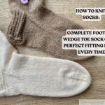 Two hand-knitted socks in natural and brown shades displayed flat on a wooden surface, showing the leg and wedge toe construction for a sock knitting guide.