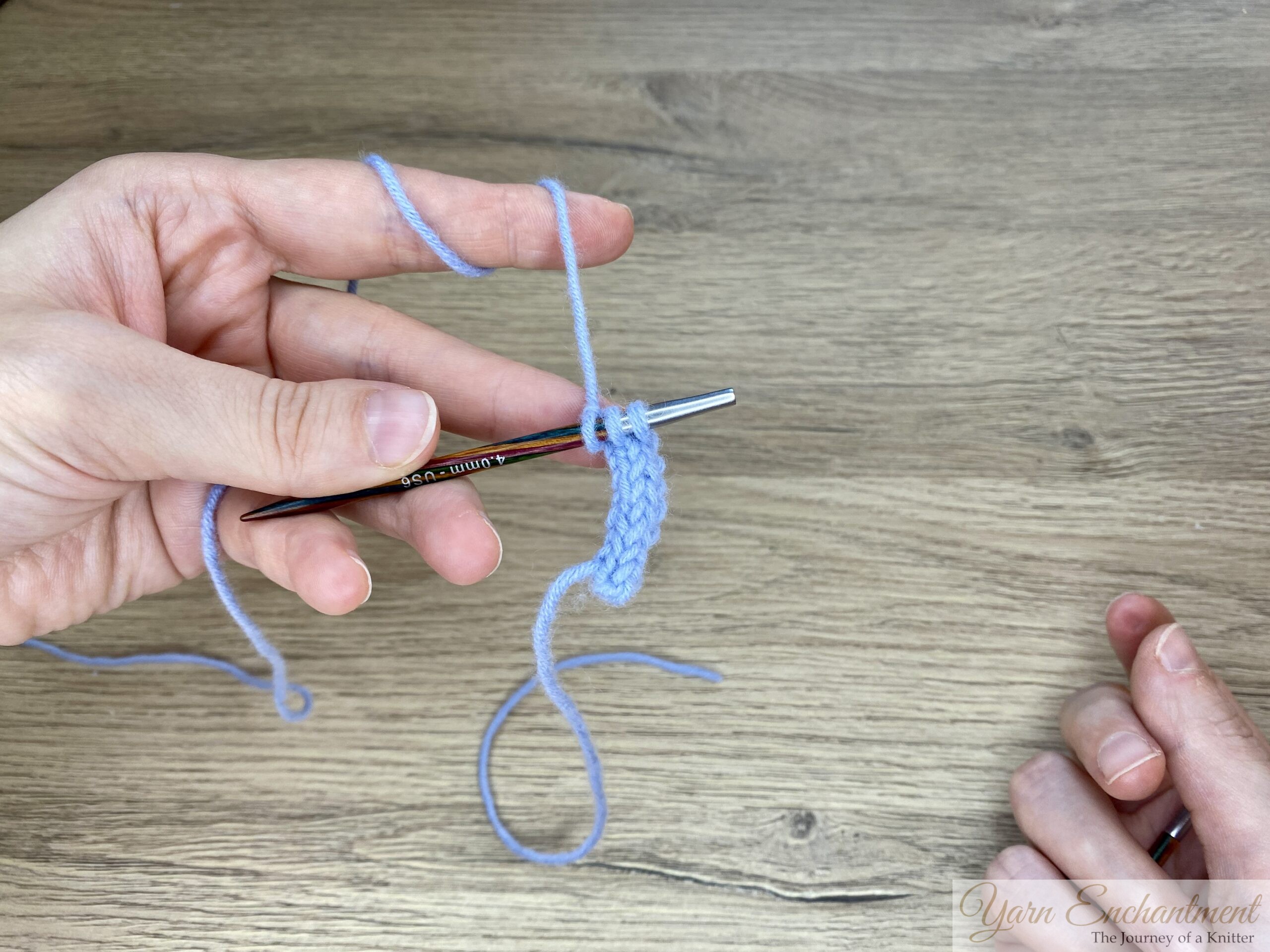 A demonstration of knitting I-cord using the tips of interchangeable needles. The images show blue yarn with stitches distributed along colorful needle tips, step by step, illustrating how to slide the stitches from one tip to the other to continue knitting the I-cord.