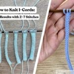 Knitting i-cord swatches with 2 to 7 stitches lined up on a needle next to a hand holding an i-cord on a wooden needle, illustrating neat results and knitting technique."