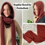 Three panel collage showing Sophie Hood by PetiteKnit in reddish-brown yarn; two panels feature a person wearing the hooded scarf in different styles, and one panel displays the finished hood laid flat on a wooden surface
