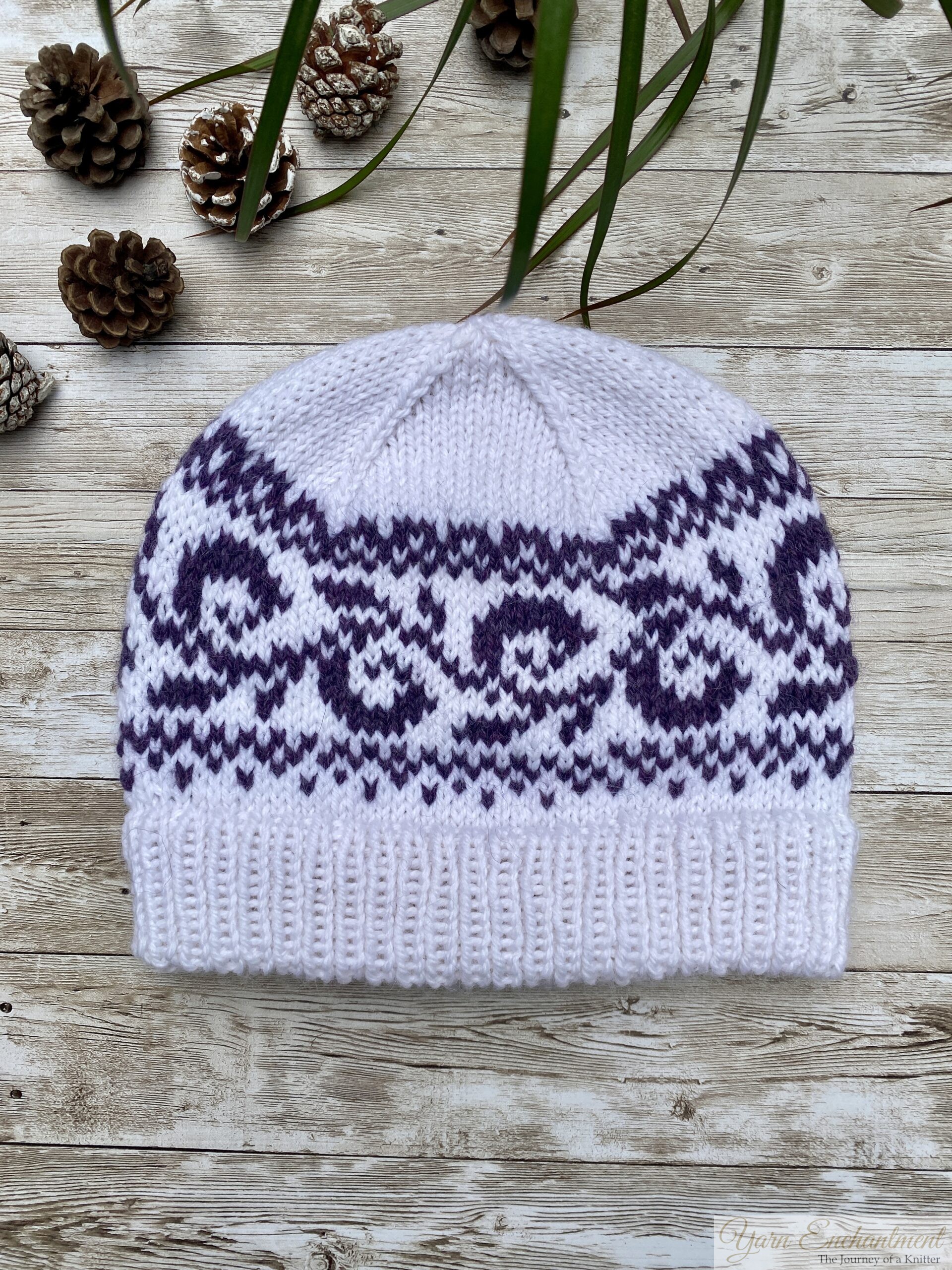 White knitted beanie with a deep double-folded ribbed brim and a purple swirling colorwork band, styled flat on a wooden background with pinecones and green leaves.