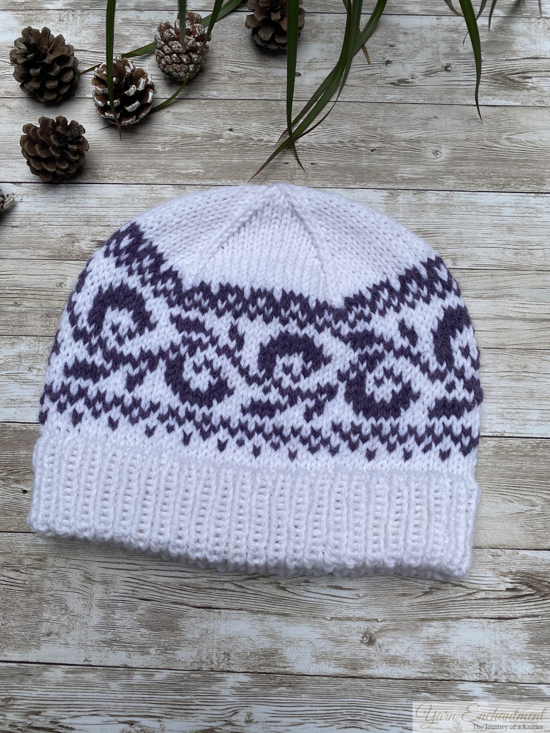 White knitted beanie with a deep double-folded ribbed brim and a purple swirling colorwork band, styled flat on a wooden background with pinecones and green leaves.