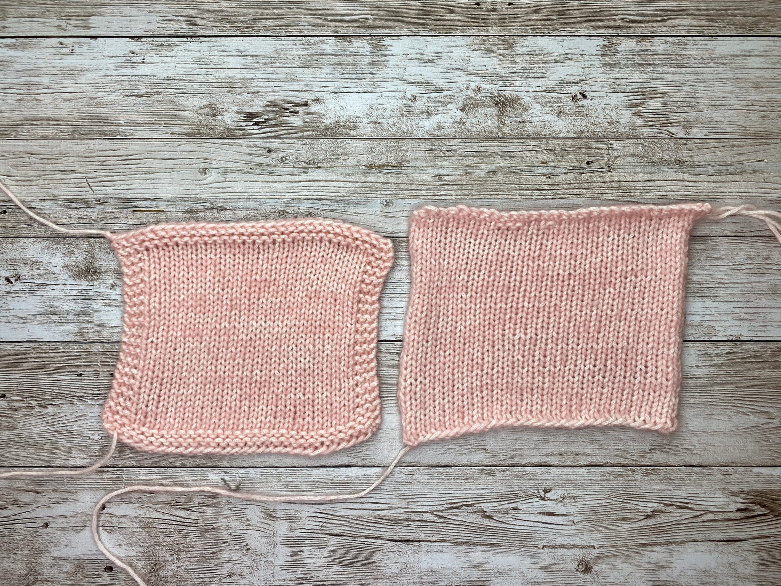 Two pink stockinette gauge swatches side by side, one with garter border and one borderless, showing different size.