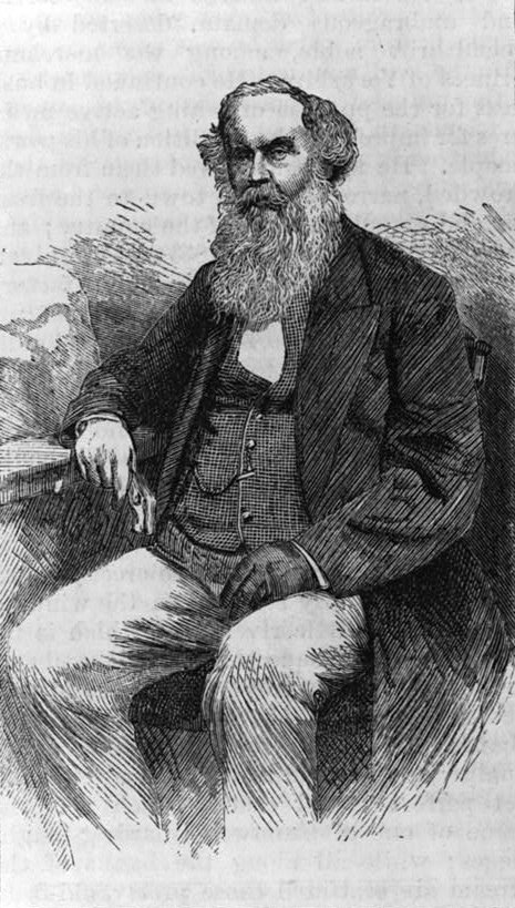 Engraved portrait of a bearded 19th-century man in formal attire, seated with hand resting on chair