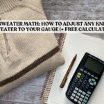 A folded hand-knit pullover sweater lies on a wooden table beside an open notebook, wooden pen, and calculator. Over the image, the text reads: ‘Sweater Math: How to Adjust Any Knit Sweater to Your Gauge (+ Free Calculator).