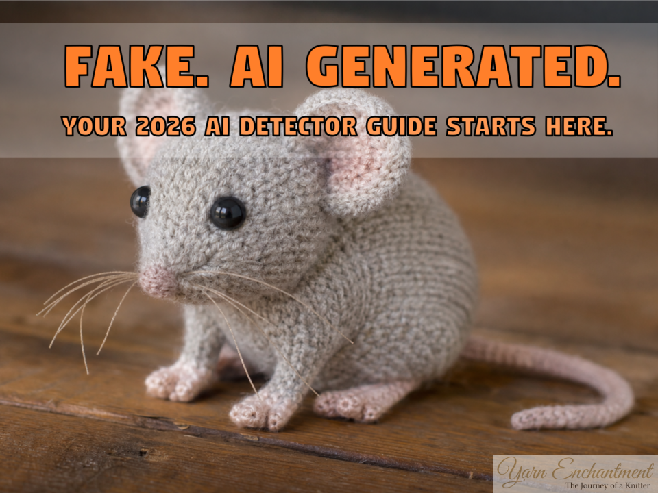 A crocheted, grey yarn mouse with pink ears, paws, and tail, and black button eyes, sitting on a wooden surface. Overlaid text in bold orange and black outlines reads 'FAKE. AI GENERATED.' and 'YOUR 2026 AI DETECTOR GUIDE STARTS HERE.'