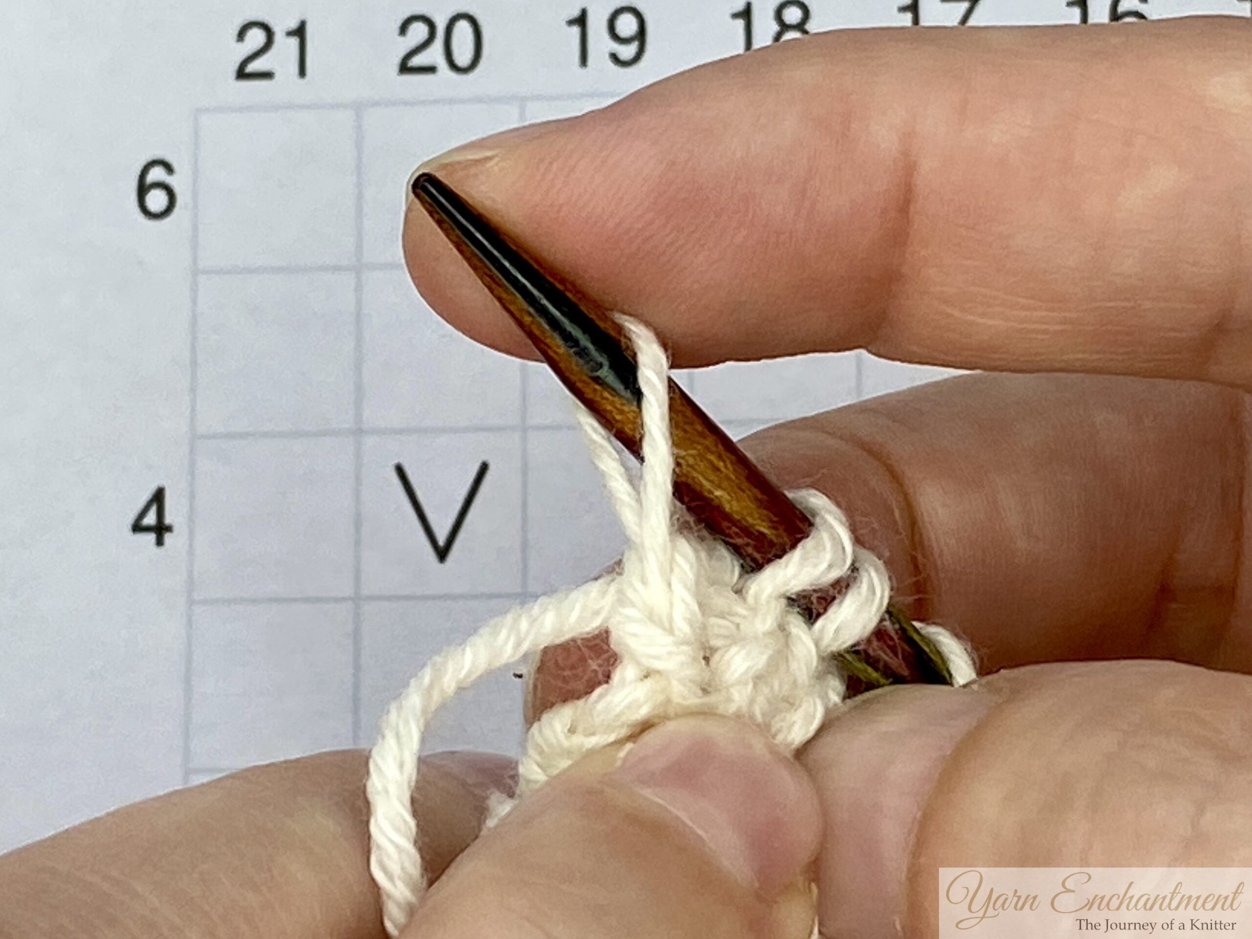 Close-up of hands slipping a stitch purlwise from the left to the right needle using wooden needles during a white lace knitting project, with a V-shaped chart symbol and row numbers visible in the background grid.