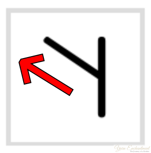 A standard lace knitting chart symbol for a Make One Left (M1L) increase, showing a black line with a vertical bar and a red arrow pointing up and to the left.