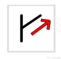 A standard lace knitting chart symbol for a Make One Right (M1R) increase, showing a vertical black line with a diagonal line and a red arrow pointing up and to the right.