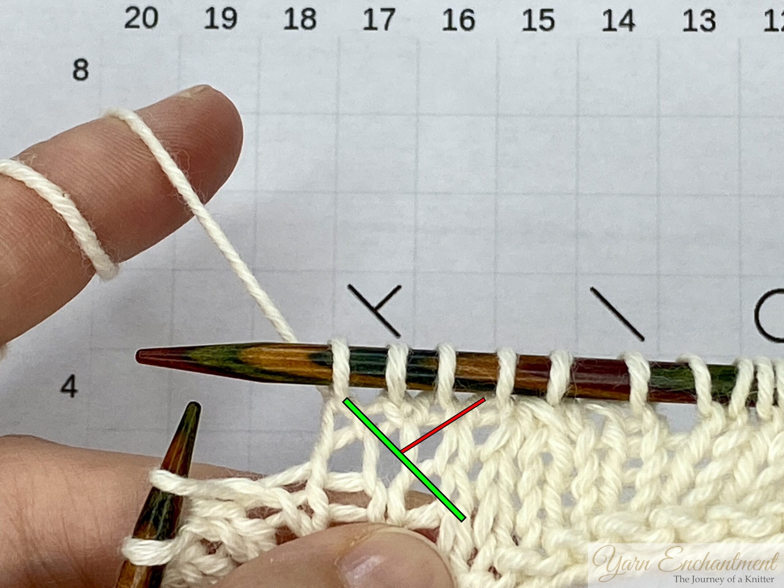 Close-up of a lace knitting project on wooden needles, with a chart in the background displaying X and diagonal line symbols next to row numbers.