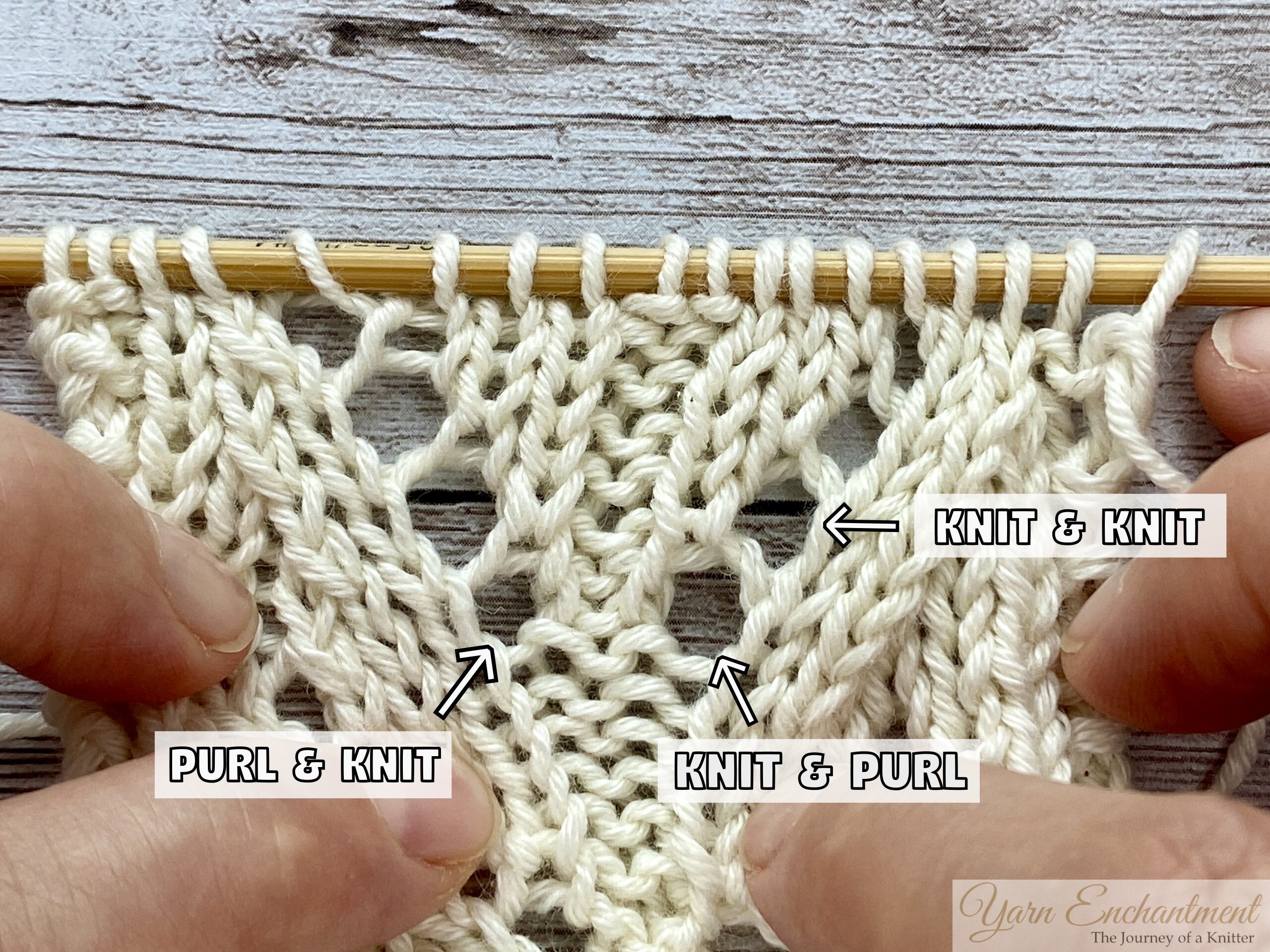 Yarn over size comparison showing a smaller eyelet between a purl and knit stitch and a larger eyelet between a knit and purl stitch in a knitted lace swatch.