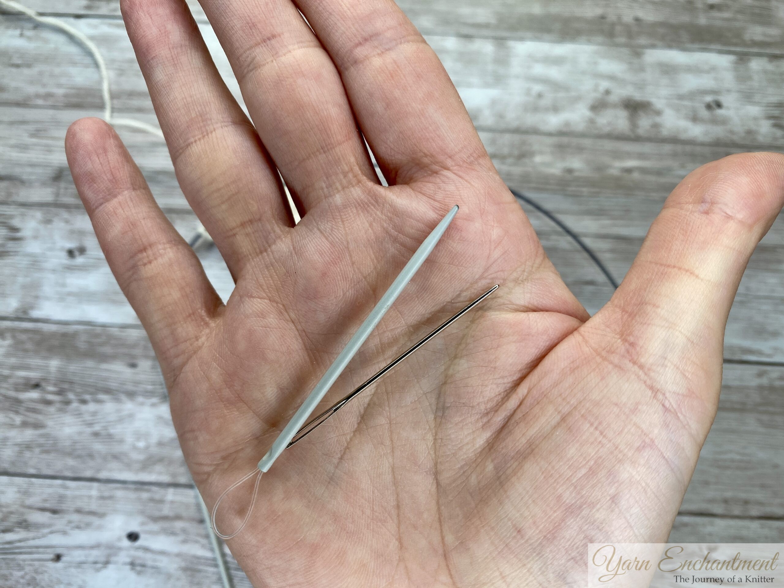 Two blunt needles in an open palm: a wide-eyed gray plastic yarn needle and a slim metal tapestry needle for lifelines.