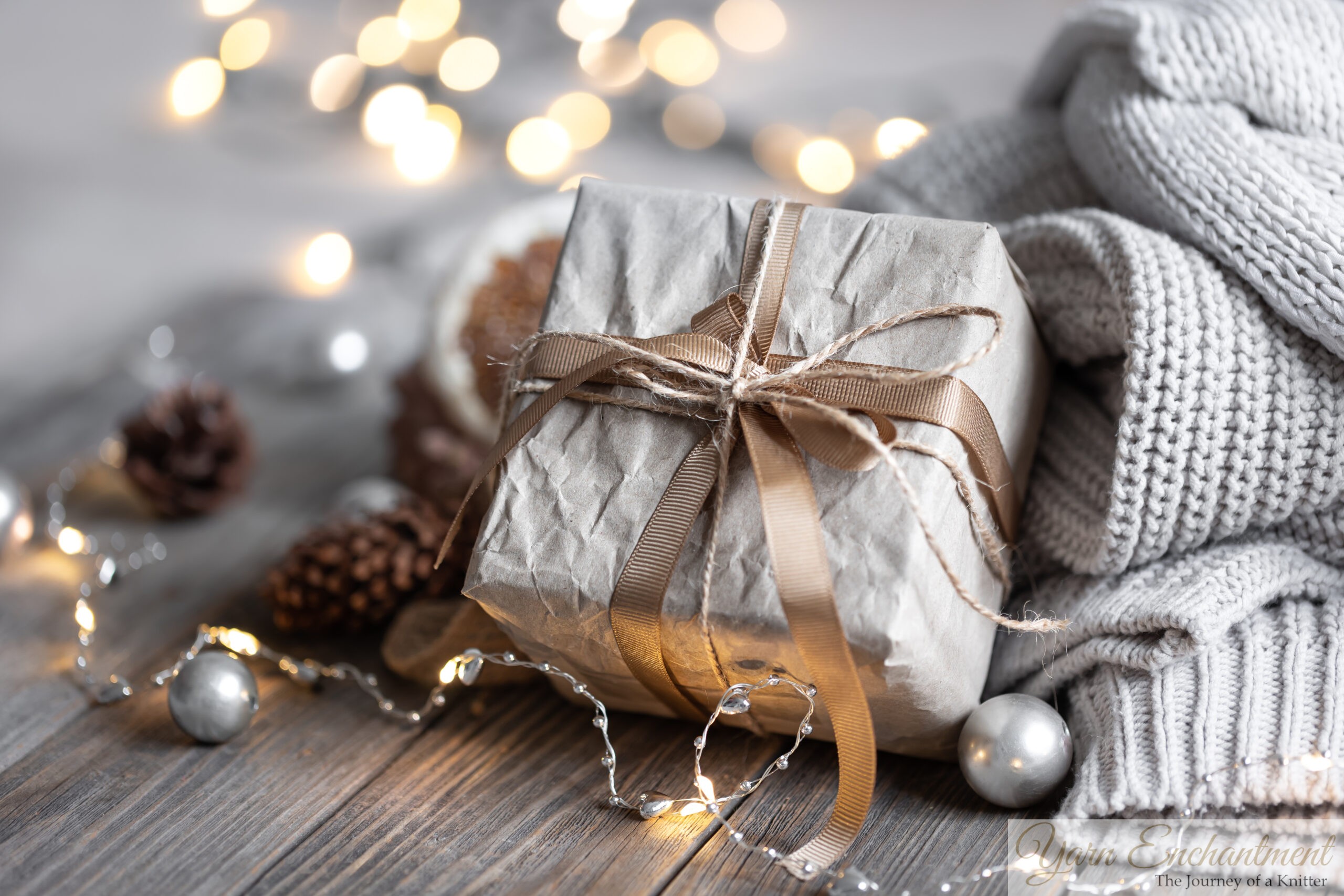 A cozy handmade gift wrapped in kraft paper and ribbon, sitting next to a chunky knit blanket and warm fairy lights, representing thoughtful gift-giving.