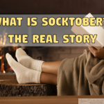 A cozy scene of a person wearing thick cream-colored socks, with their feet propped up on a rustic wooden log in front of a glowing fireplace. The person is wrapped in a soft tan blanket and holding an open book. Large yellow text overlay on a semi-transparent banner reads: WHAT IS SOCKTOBER? THE REAL STORY
